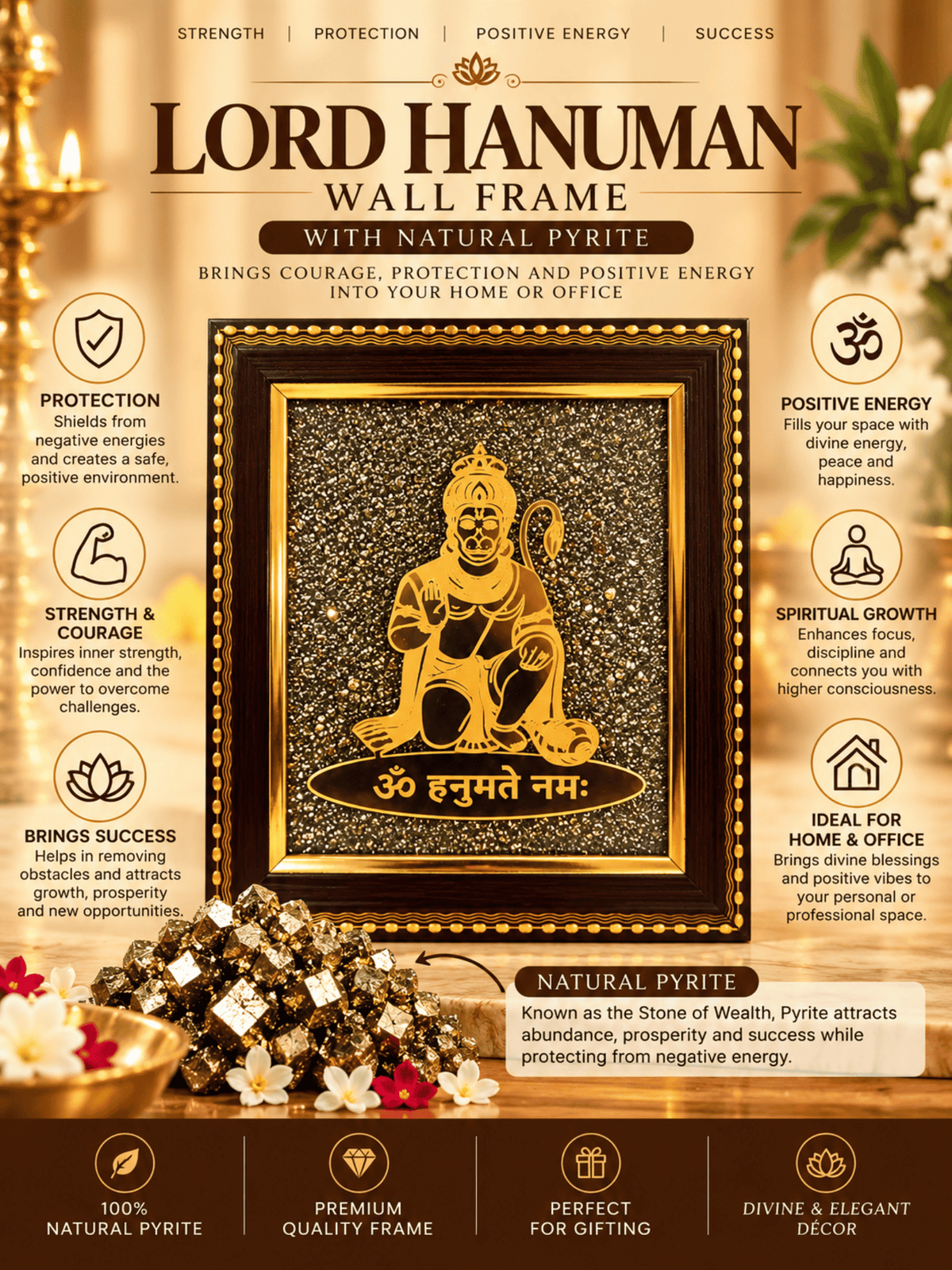 Lord Hanuman Frame with Natural Pyrite