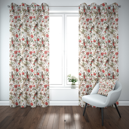 BOTANICAL BIRDS ANOKHI HOME WINDOW CURTAIN 9 FEET LONG X 3.75 WIDTH PAIR