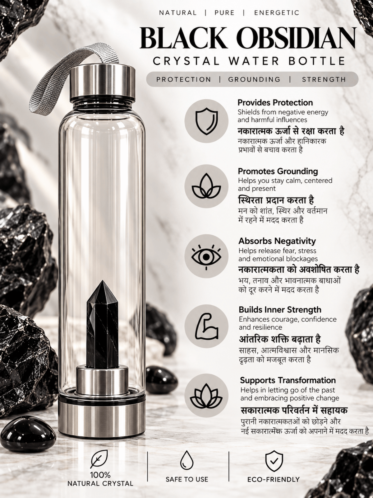Black Obsidian Crystal Water Bottle