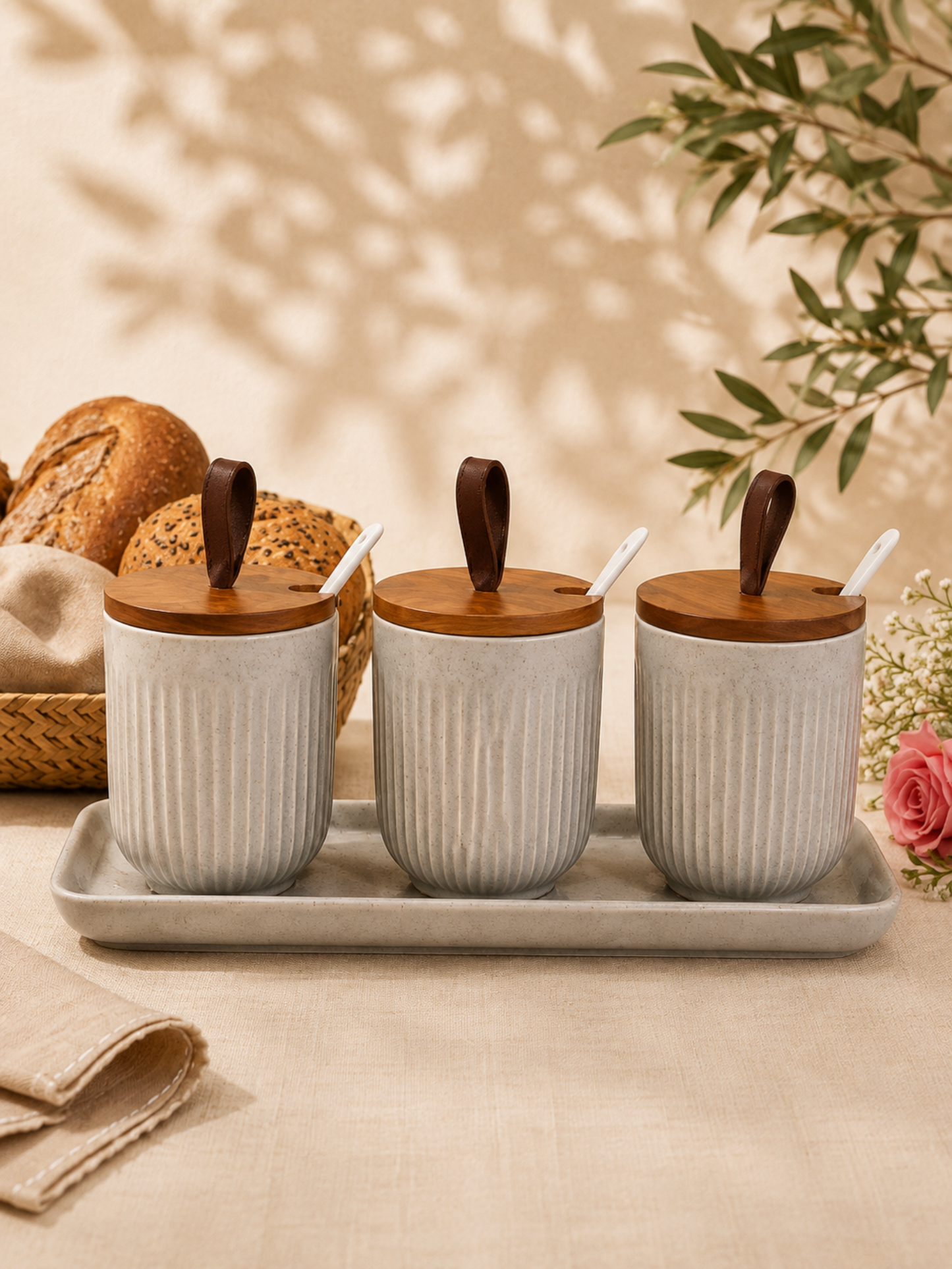 Ribbed Stoneware Pickle Jar Set with Tray (Set of 3)