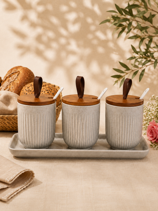 Ribbed Stoneware Pickle Jar Set with Tray (Set of 3)
