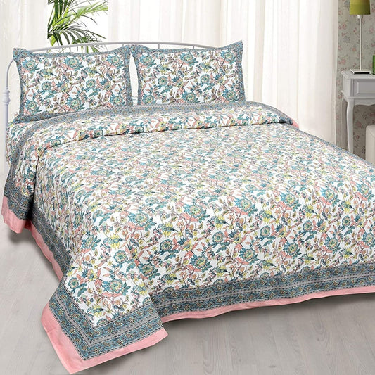 Jaipur Blossom Tale – Ethnic Jaipuri Printed Bedsheet Set with Pillow Covers