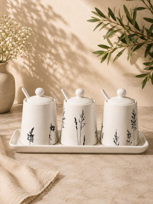 Botanical Harmony Ceramic Condiment Set with Tray (Set of 3)