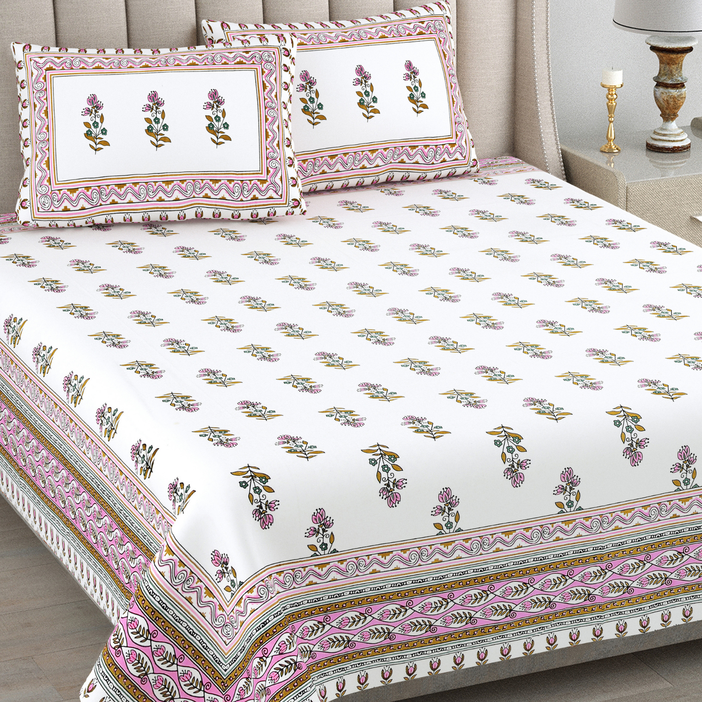Kalakriti Gulbahar Grace Pure Cotton Double Bedsheet with 2 Pillow Covers