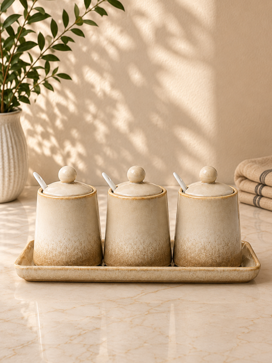 Rustic Ombre Ceramic Pickle & Condiment Set with Tray (Set of 3)