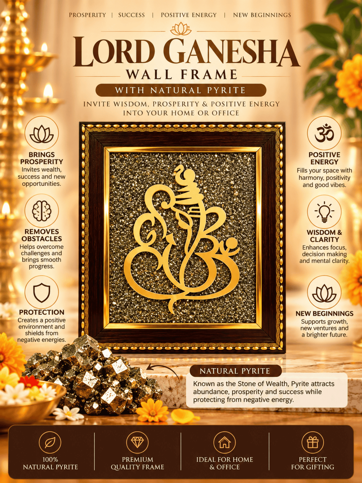Lord Ganesha Frame with Natural Pyrite