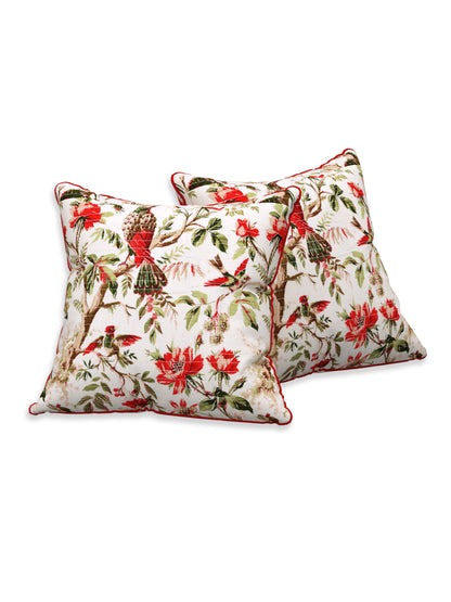 Botanical Birds Anokhi Cotton Cushion Covers - 16x16 Inches