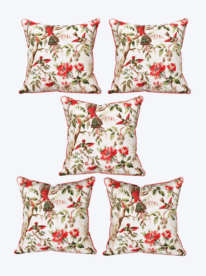 Botanical Birds Anokhi Cotton Cushion Covers - 16x16 Inches