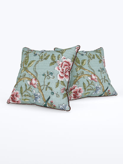 Teal Phoolvalli Anokhi Cotton Cushion Covers - 16x16 Inches