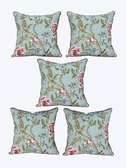 Teal Phoolvalli Anokhi Cotton Cushion Covers - 16x16 Inches
