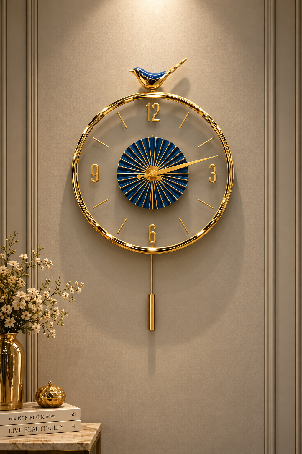 Royal Blue & Gold Bird Accent Wall Clock