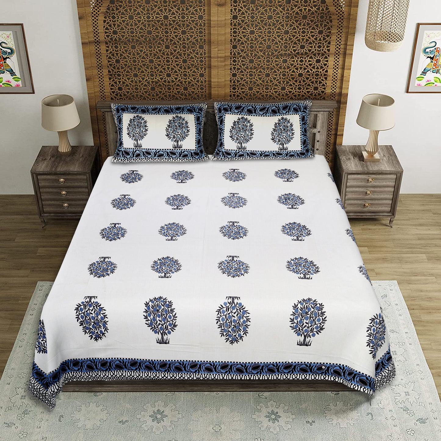 Indigo Symphony – Premium Cotton Jaipuri Printed Double Bedsheet with 2 Pillow Covers