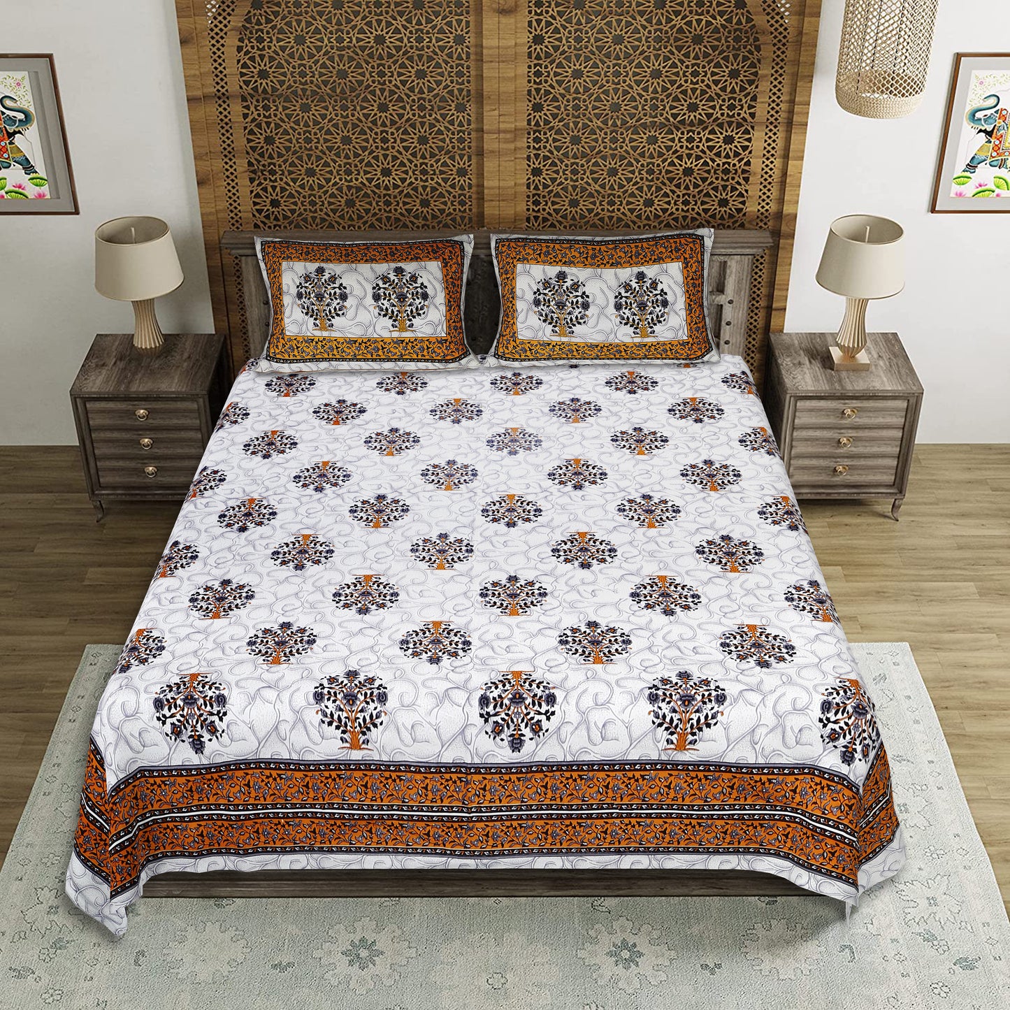 Jaipur Nights – Premium Cotton Jaipuri Printed Double Bedsheet with 2 Pillow Covers