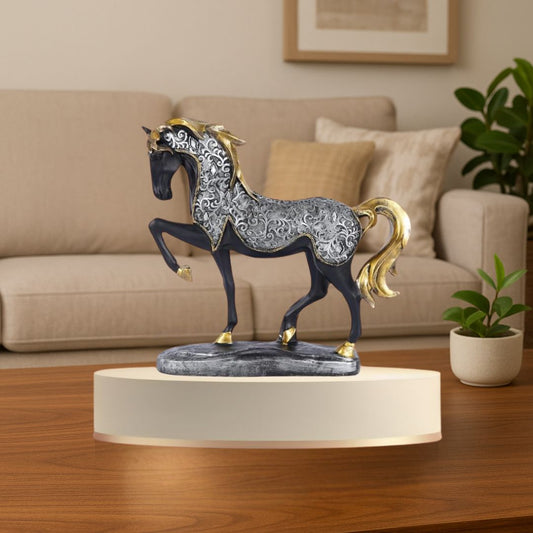 Decorative horse statue on a pedestal in a living room setting