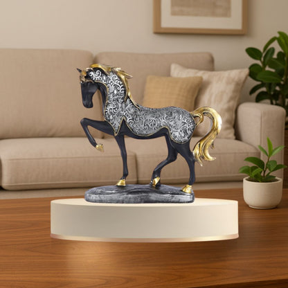 Decorative horse statue on a pedestal in a living room setting